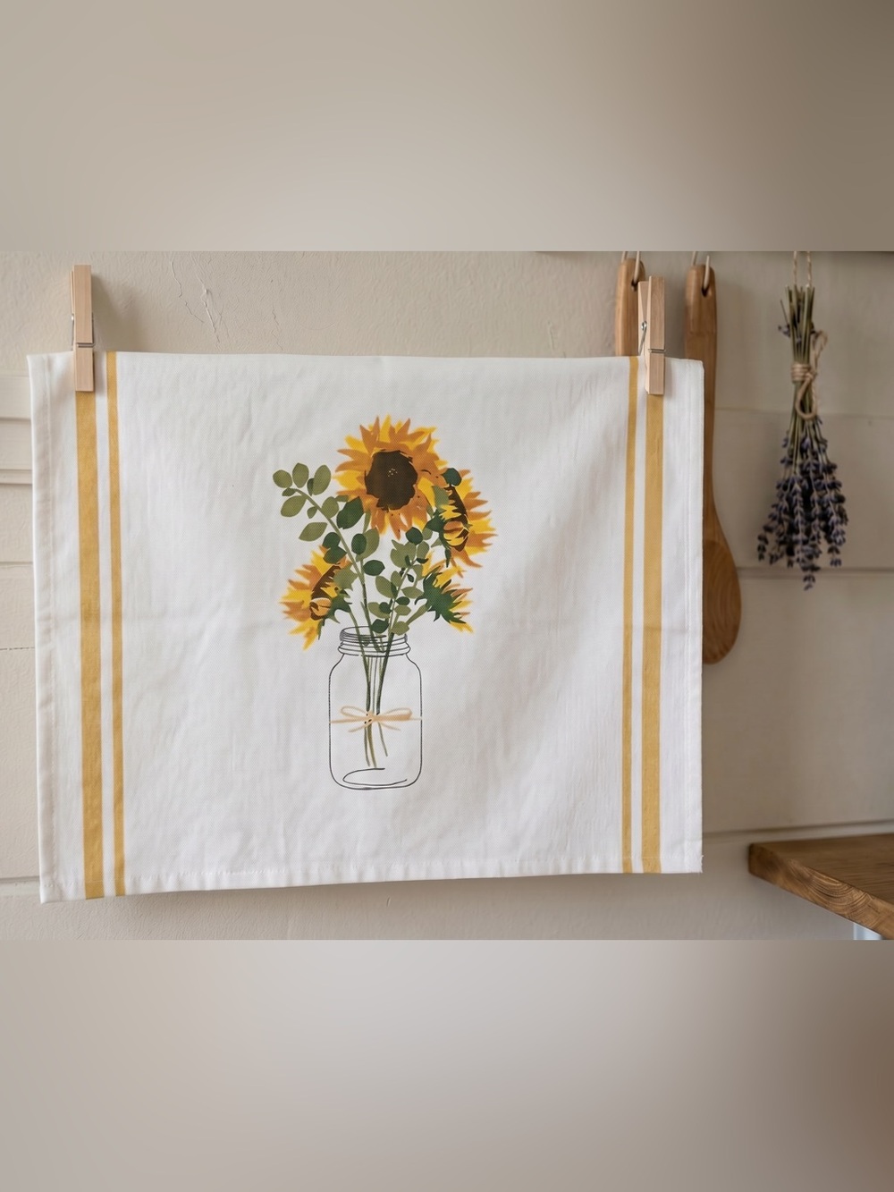 Sunflower Mason Jar Cotton Tea Towel - Summer Country Farmhouse Kitchen